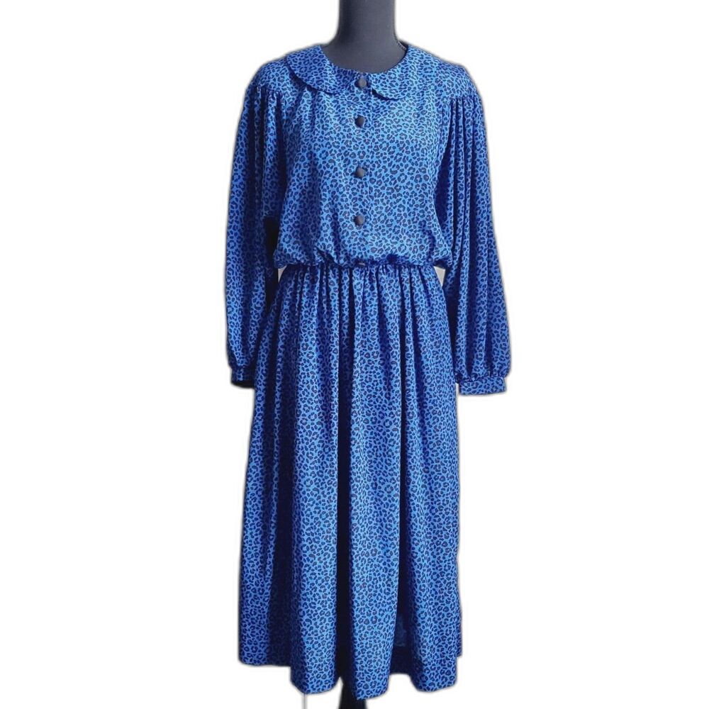Vintage Tribute Blue Animal Print Dress Elastic Waist Long Sleeve Size M GUC